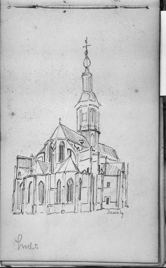 Schets van de koorpartij en de vieringtoren van de St.-Willibrorduskerk in Hulst. Uit: Schetsboekje Mulder