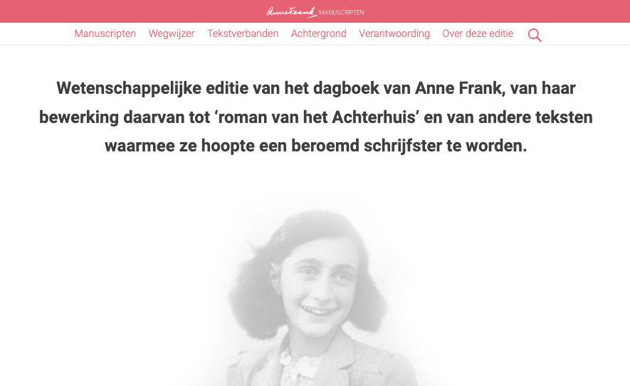 Screenshot AnneFrankManuscripten.org, verkregen uit een land waar haar werk publiek domein is.