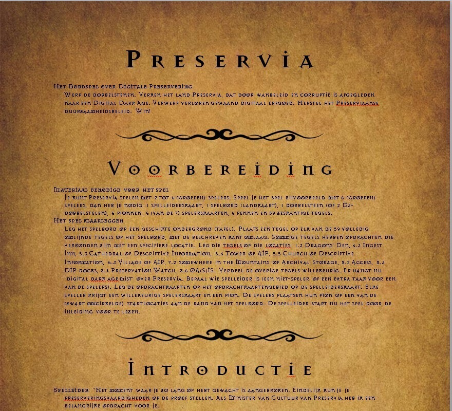 Een deel van de spelregels van Preservia