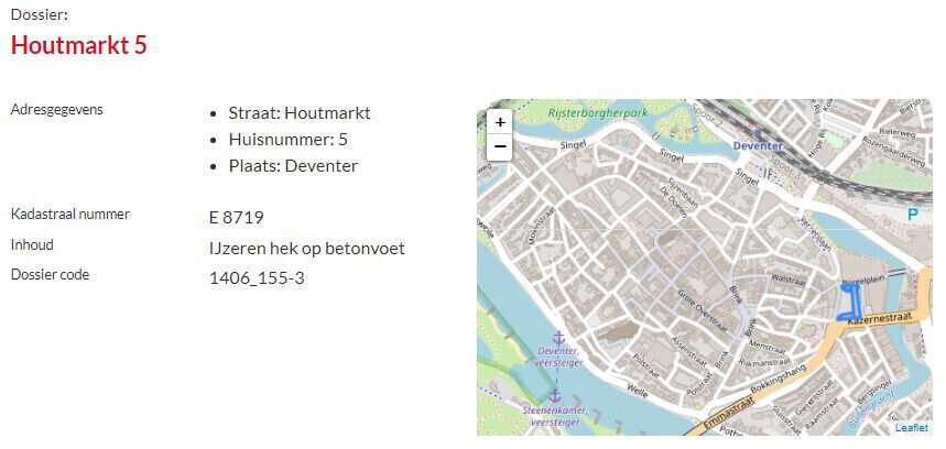 Screenshot van zichtbare metadata in het bouwdossierloket HCO