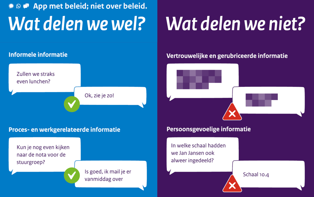 Infographic 'Wat delen we wel, wat delen we niet?' over berichtenapps. Download de volledige infographic op de pagina 'Infographics App met beleid' op informatiehuishouding.nl.